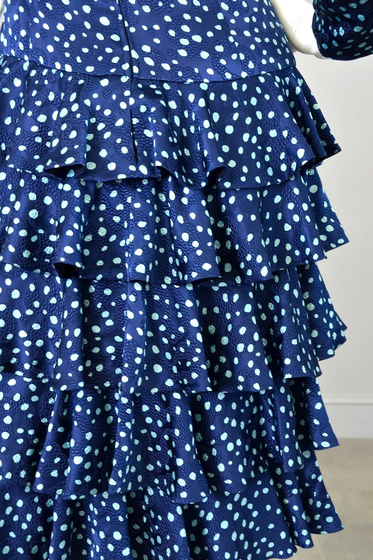 1980s A J Bari Navy Navy Blue Silk Polka Dot Tiered Ruffle Skirt Key Hole Open Back Dress