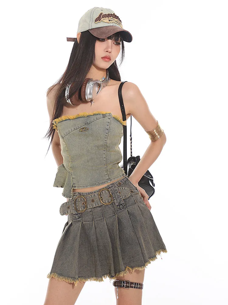 【24s July.】Hot Girls Washed Pleated Denim Skirt