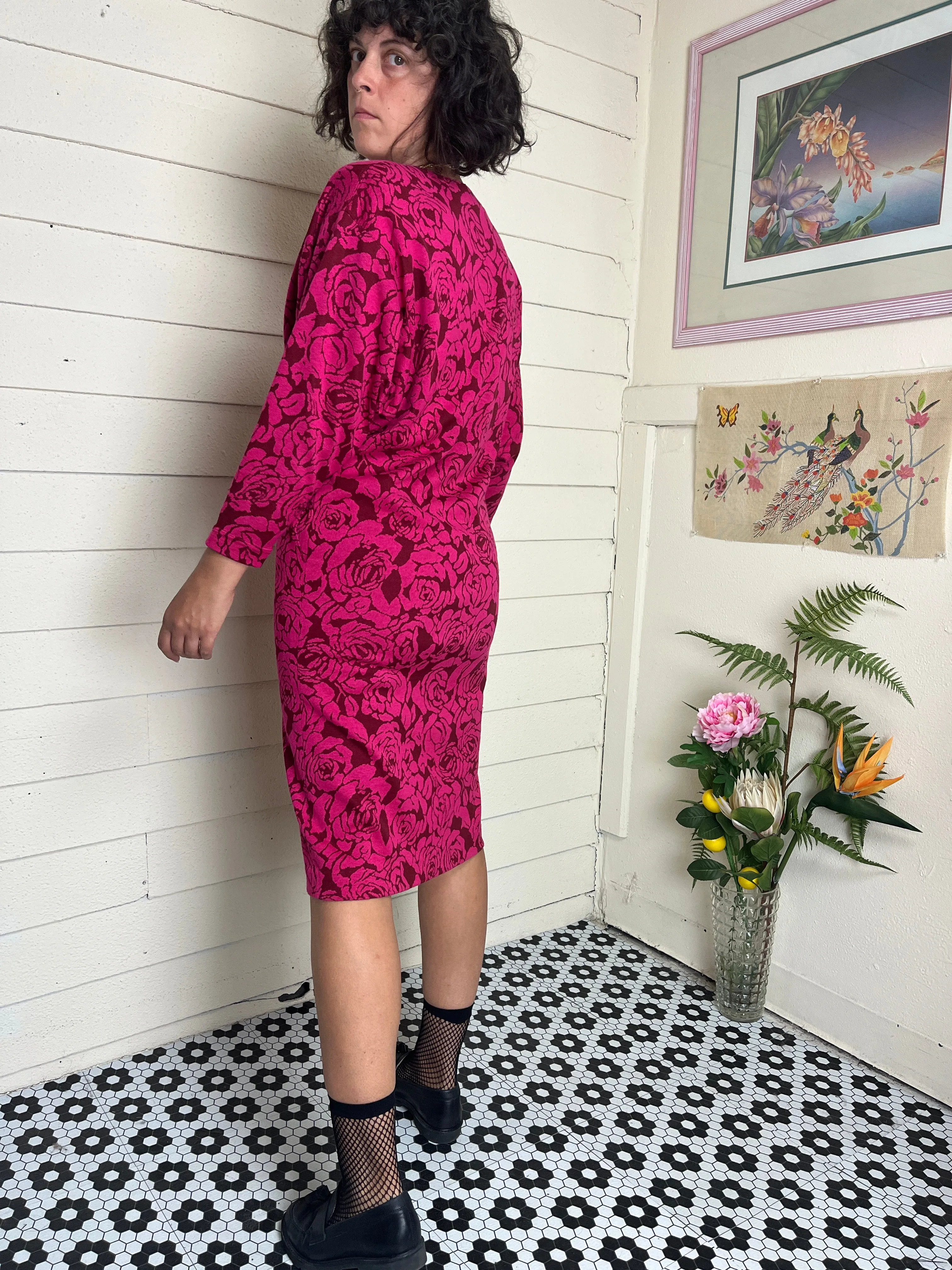 80s BATWING SLEEVE HANAE MORI ROSE PRINT DRESS