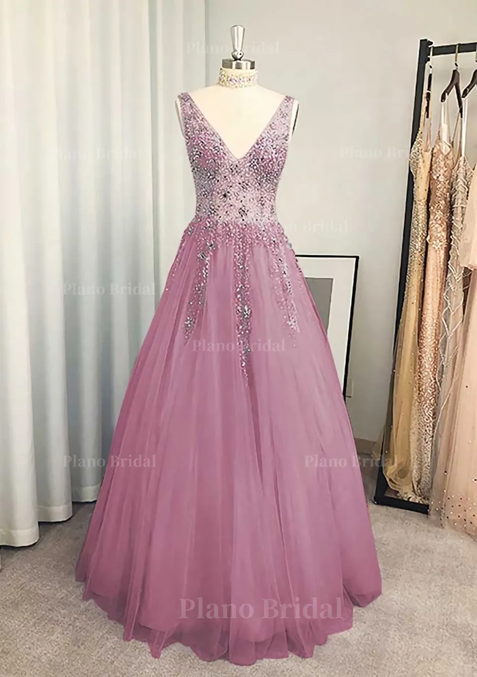 A-line/Princess V Neck Long/Floor-Length Tulle Prom Dress With Beading Sequins