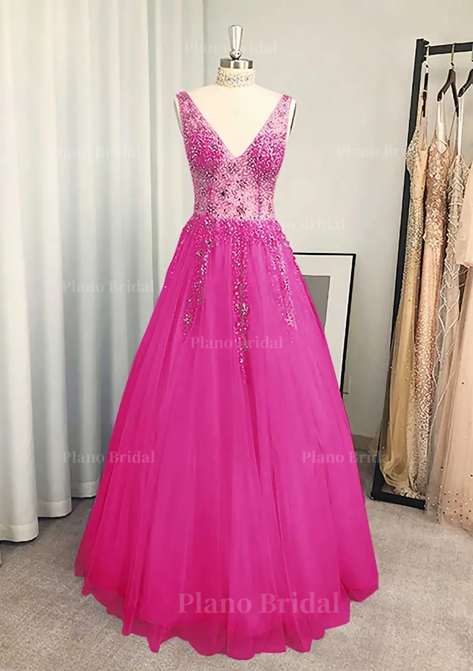 A-line/Princess V Neck Long/Floor-Length Tulle Prom Dress With Beading Sequins