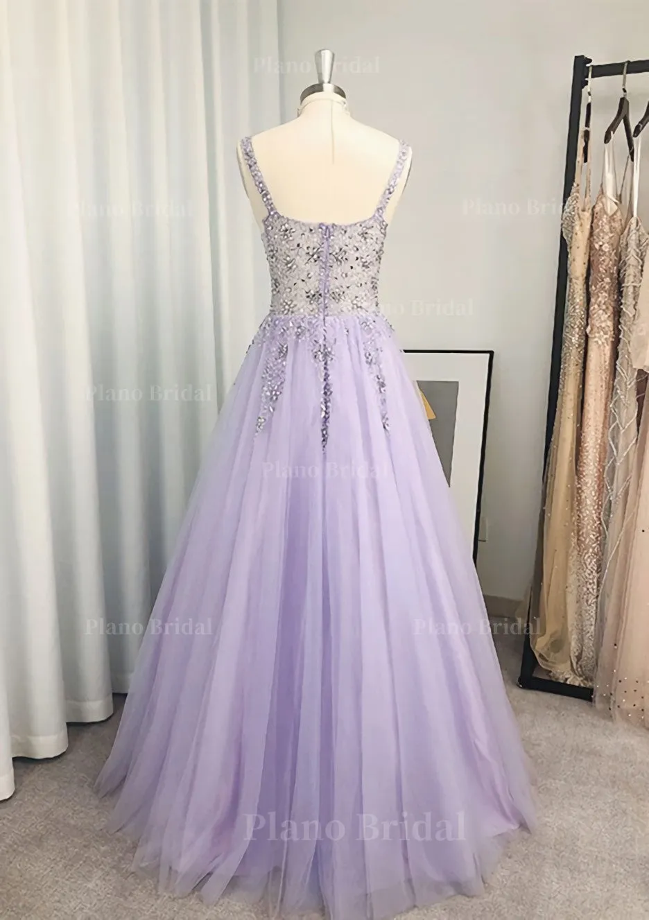 A-line/Princess V Neck Long/Floor-Length Tulle Prom Dress With Beading Sequins