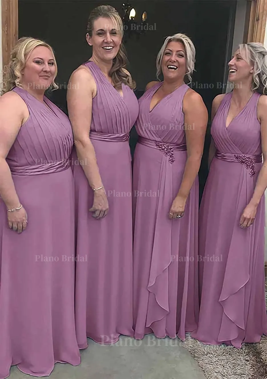 A-line/Princess V Neck Sleeveless Long/Floor-Length Chiffon Bridesmaid Dresses With Pleated Waistband