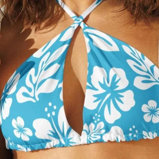 Aqua Blue and White Hawaiian Flowers String Bikini Top