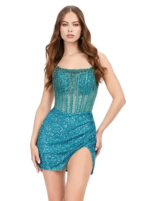 Ashley Lauren 4564 Size 14 Periwinkle Beaded Cocktail Dress with Exposed Boning Sheer Short Wrap Skirt