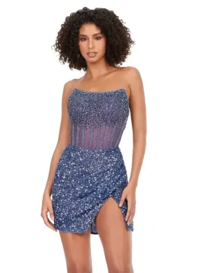 Ashley Lauren 4564 Size 14 Periwinkle Beaded Cocktail Dress with Exposed Boning Sheer Short Wrap Skirt