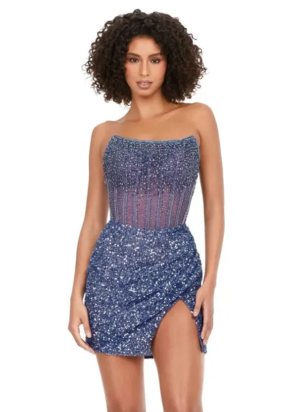 Ashley Lauren 4564 Size 14 Periwinkle Beaded Cocktail Dress with Exposed Boning Sheer Short Wrap Skirt