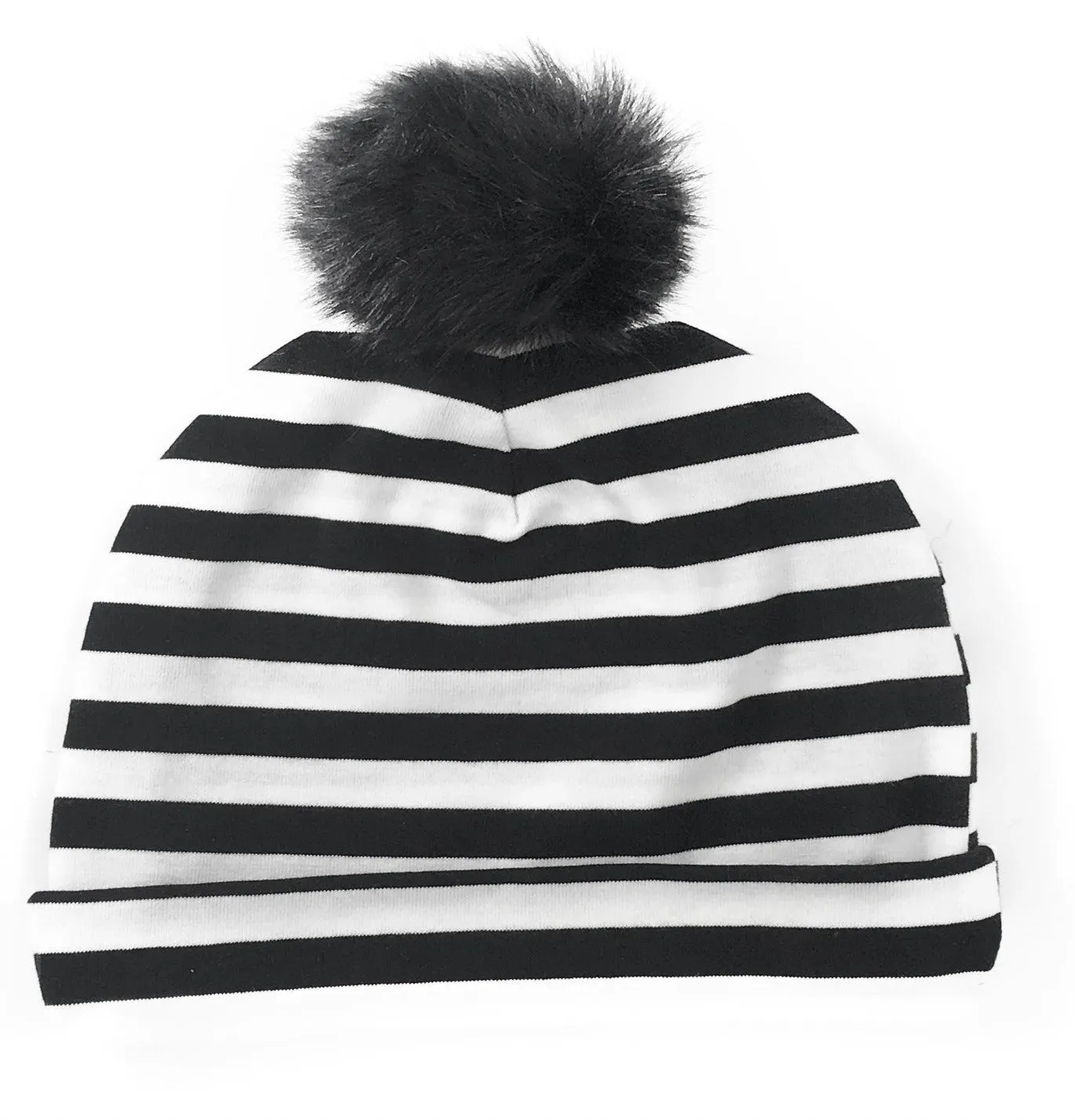 Baby Bling Black & White Stripe Fur Pom Beanie