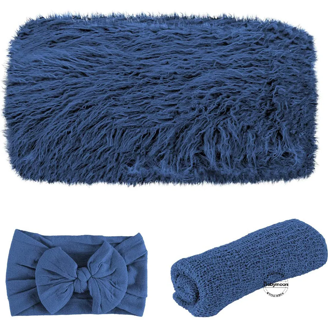 Babymoon Set of Fur Blanket (70x60cm), Wrap & Headband Photography Props - Blue