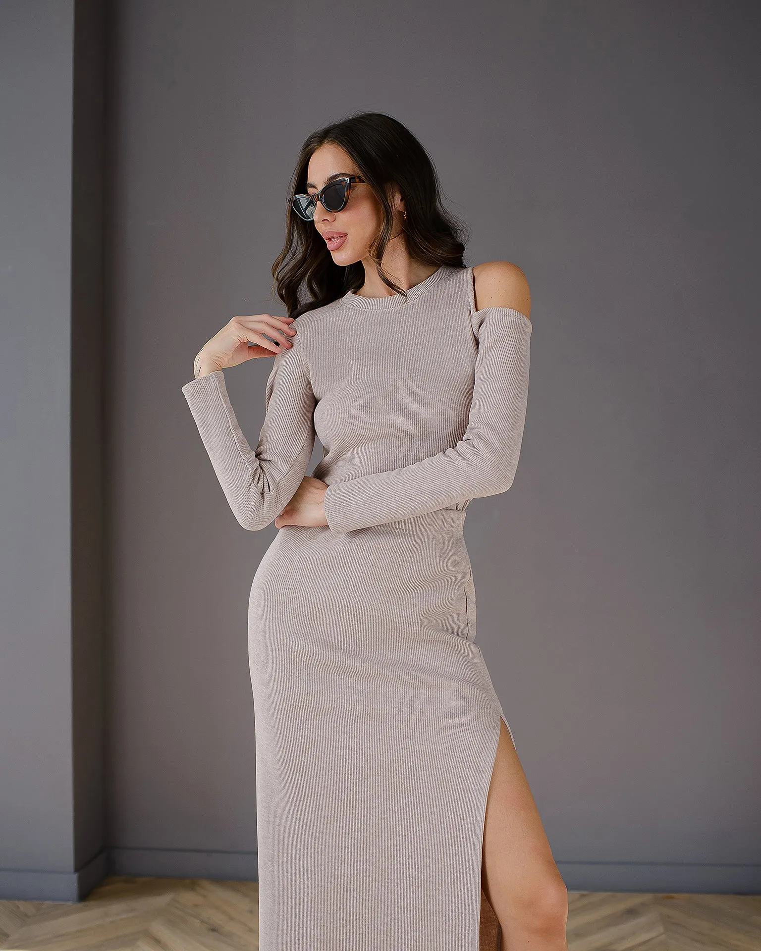 Beige Cut-Out Long Sleeve Midi Dress