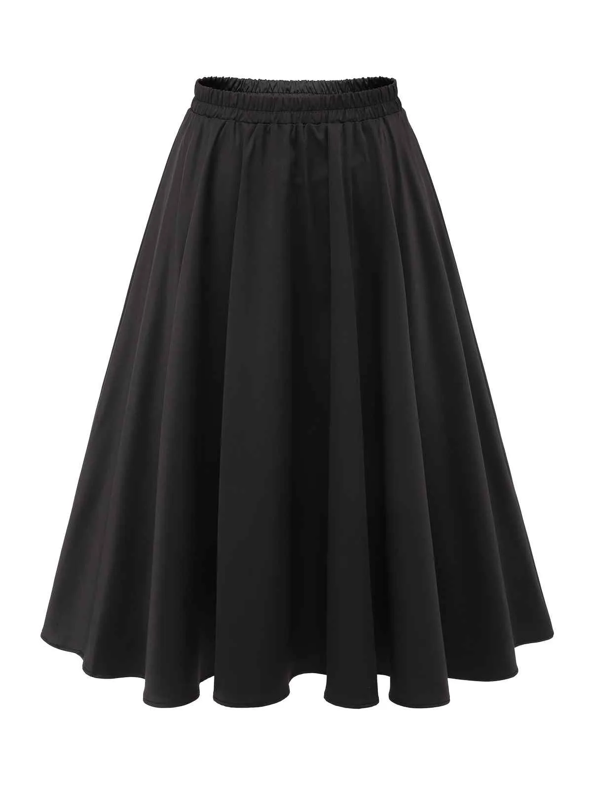 Black 1950s Solid Elastic Waist Pleated Skirt