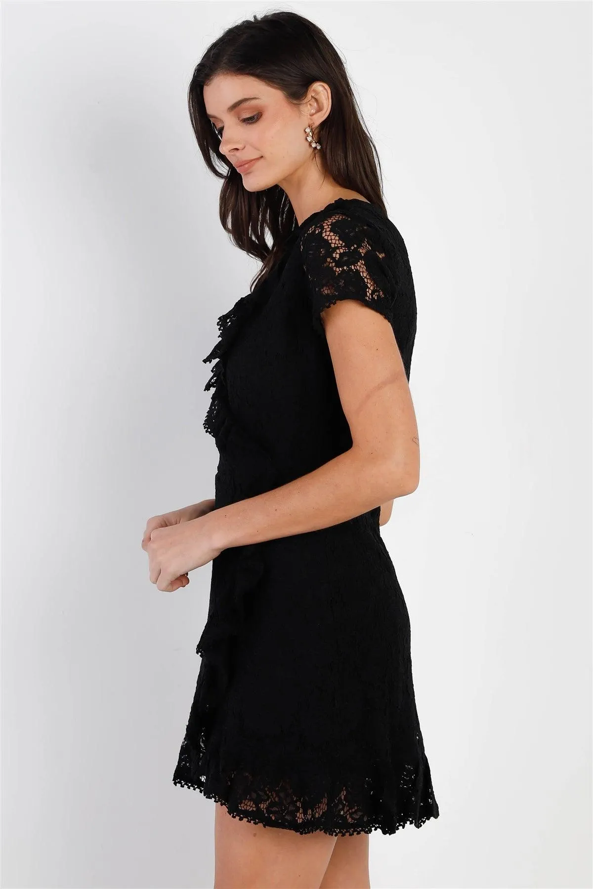 Black Floral Lace Ruffle Trim Front Wrap V-Neck Mini Dress /1-2-2