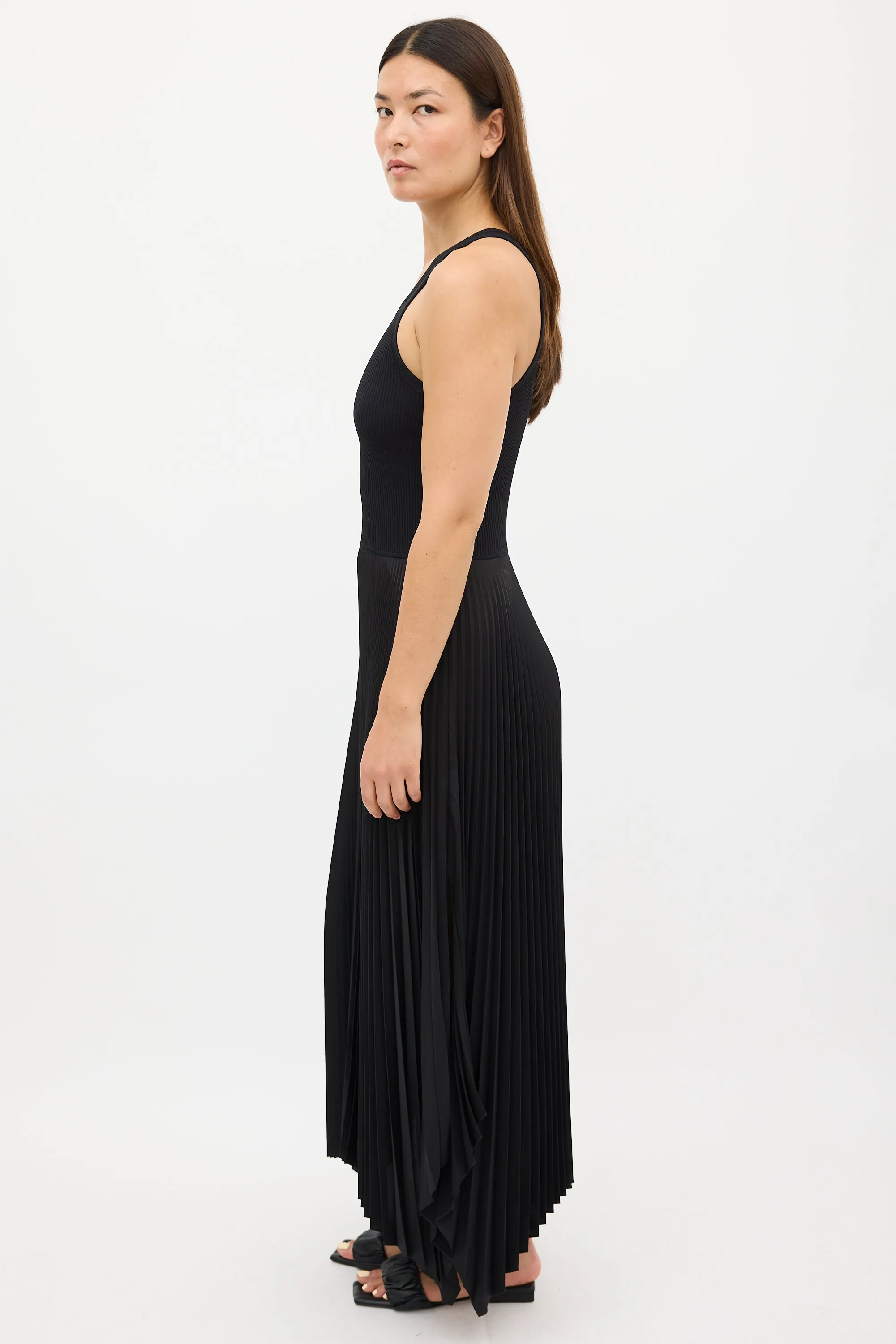 Black Ribbed Knit & Pleated Dress