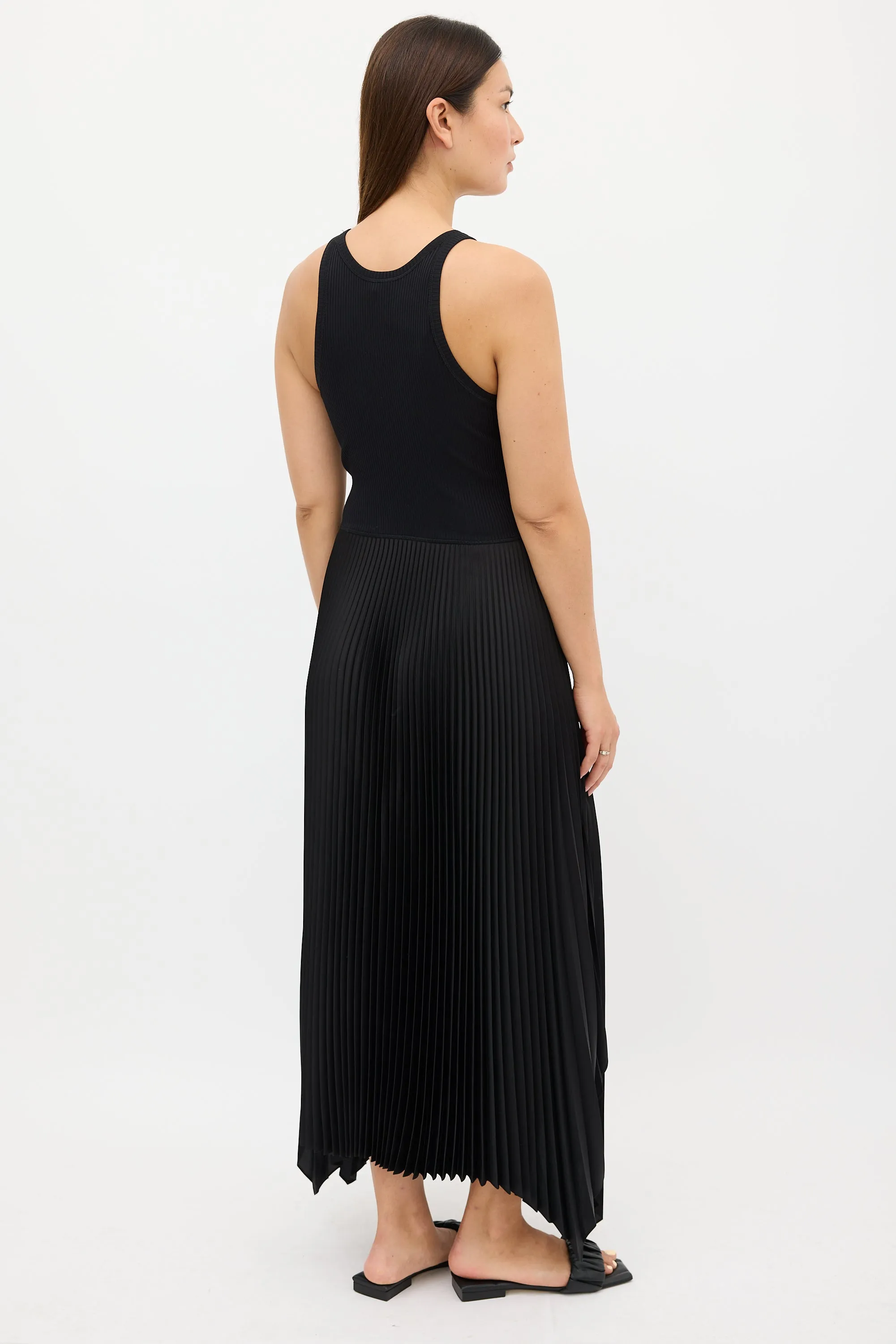 Black Ribbed Knit & Pleated Dress