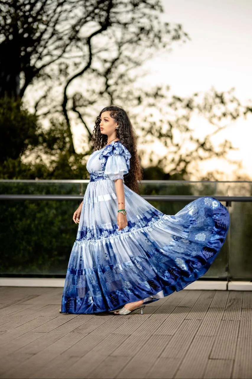 Blue Beauty with Habesha Chiffon Dress: Flowy Ethiopian Chiffon Dress for Easy Look