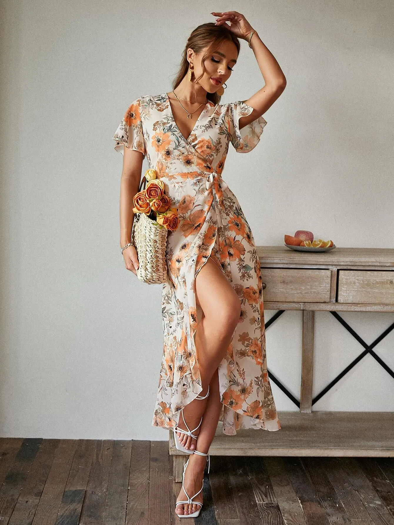 Cagliari Orange Wrap Floral Midi Dress