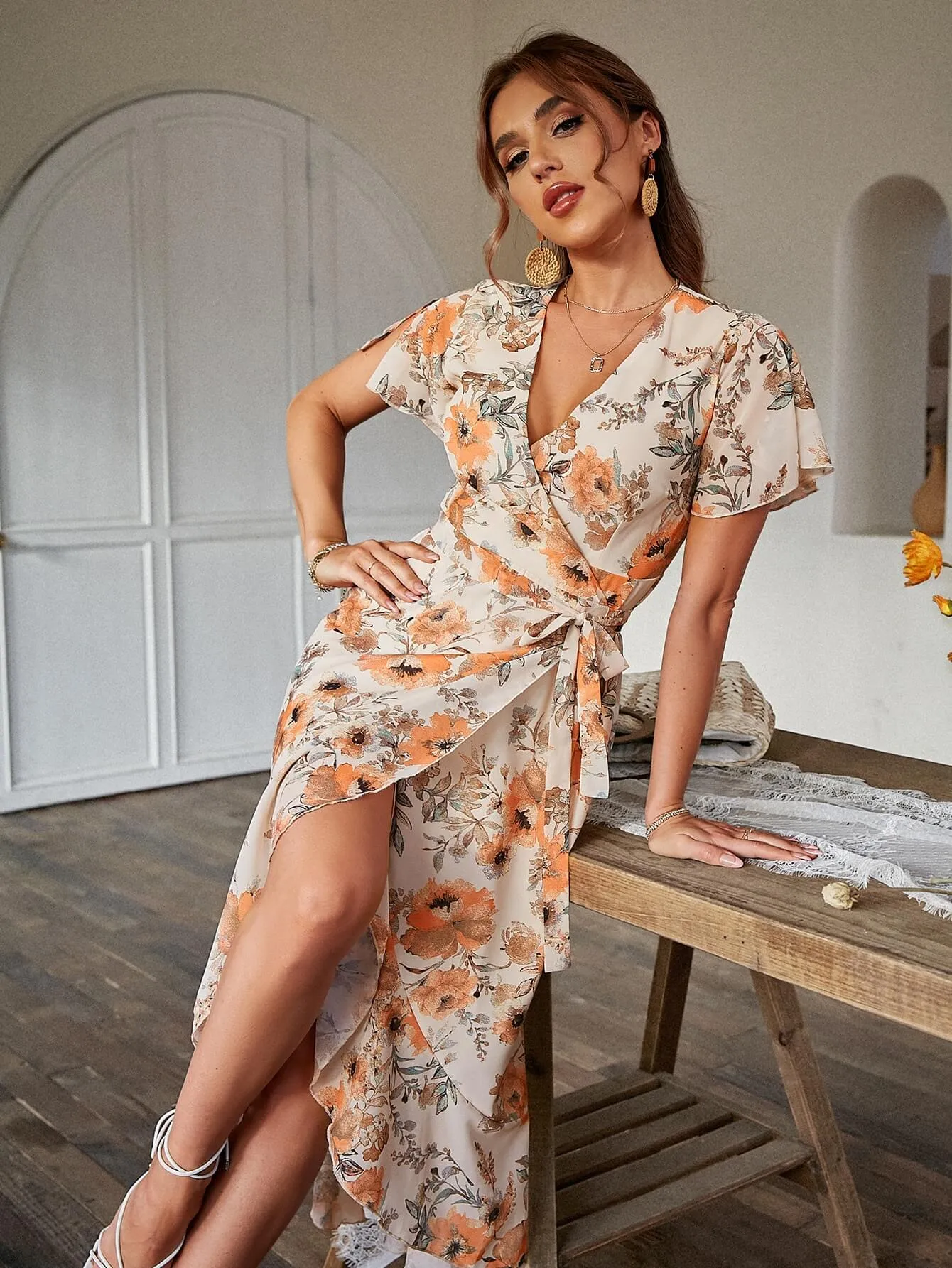 Cagliari Orange Wrap Floral Midi Dress