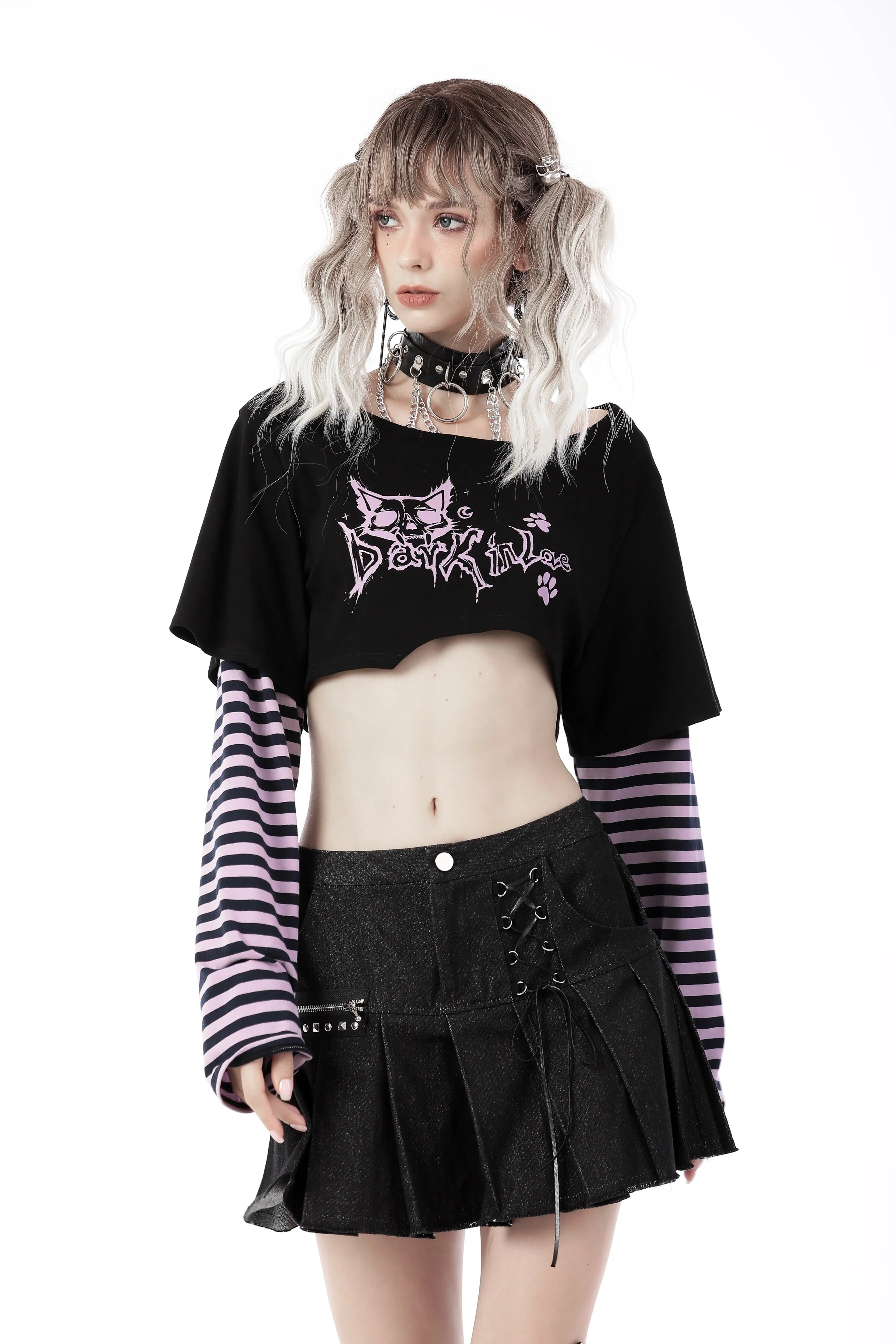 Cheshire cat violet stripe sleeves crop top TW421