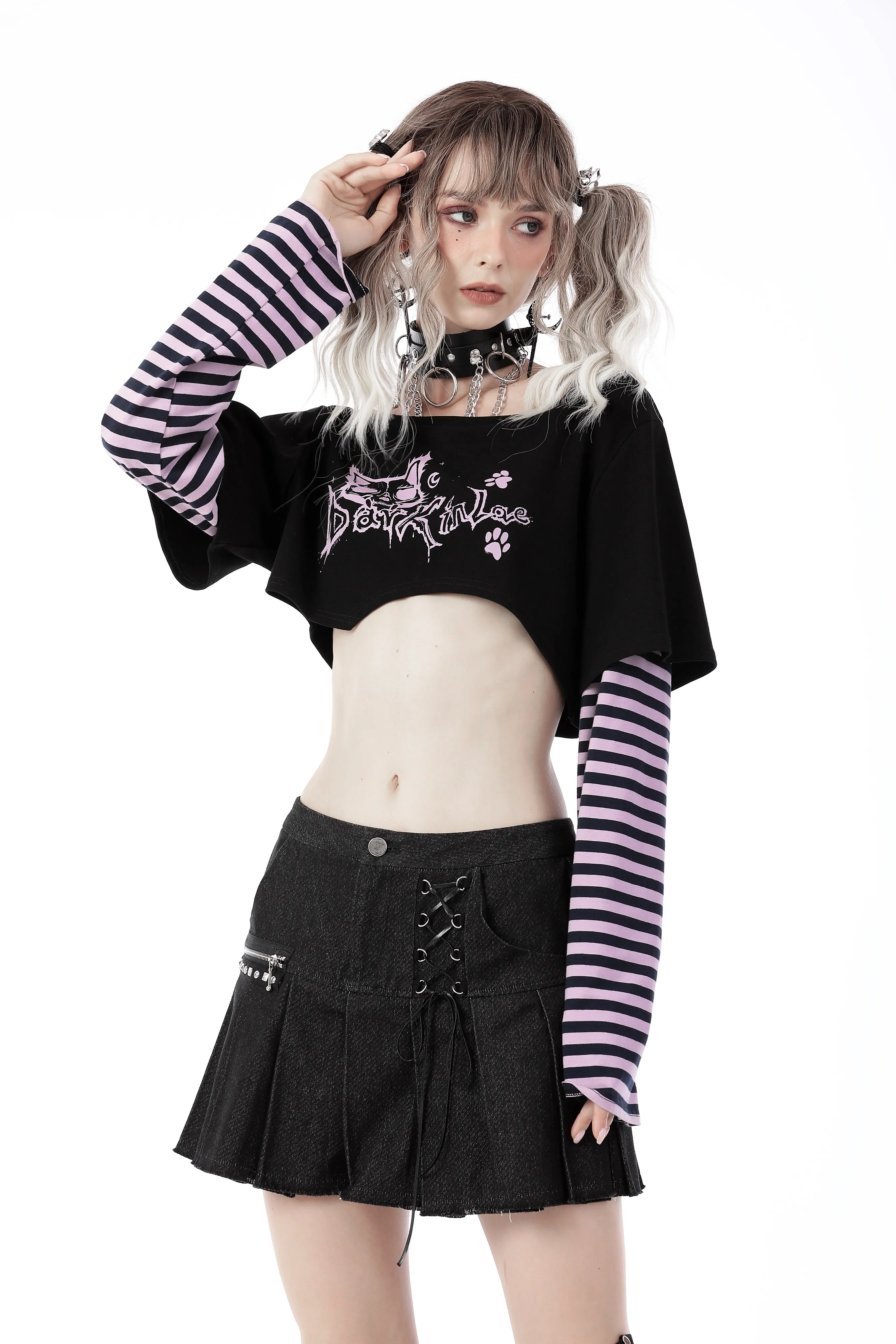 Cheshire cat violet stripe sleeves crop top TW421