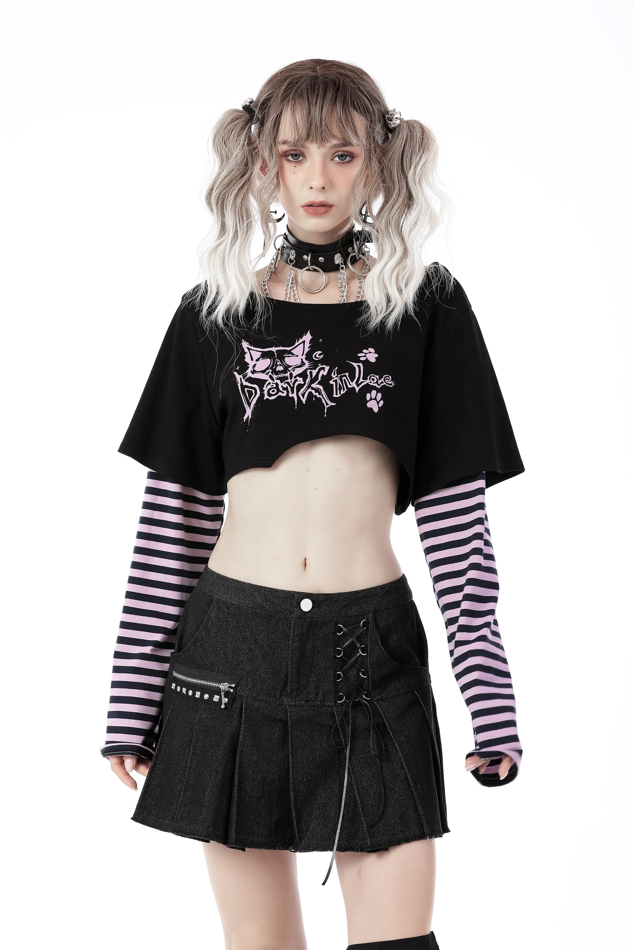 Cheshire cat violet stripe sleeves crop top TW421