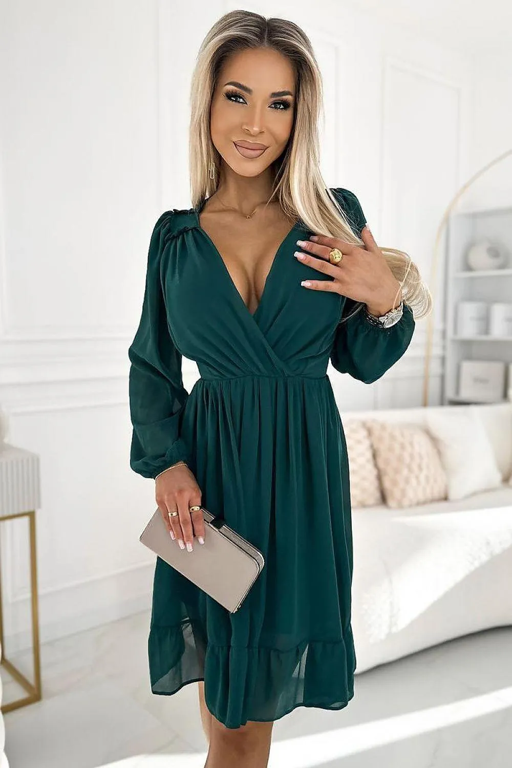 Chic Bottle Green Chiffon Midi Dress with Long Sleeves - Elegant Numoco Cocktail Fashion