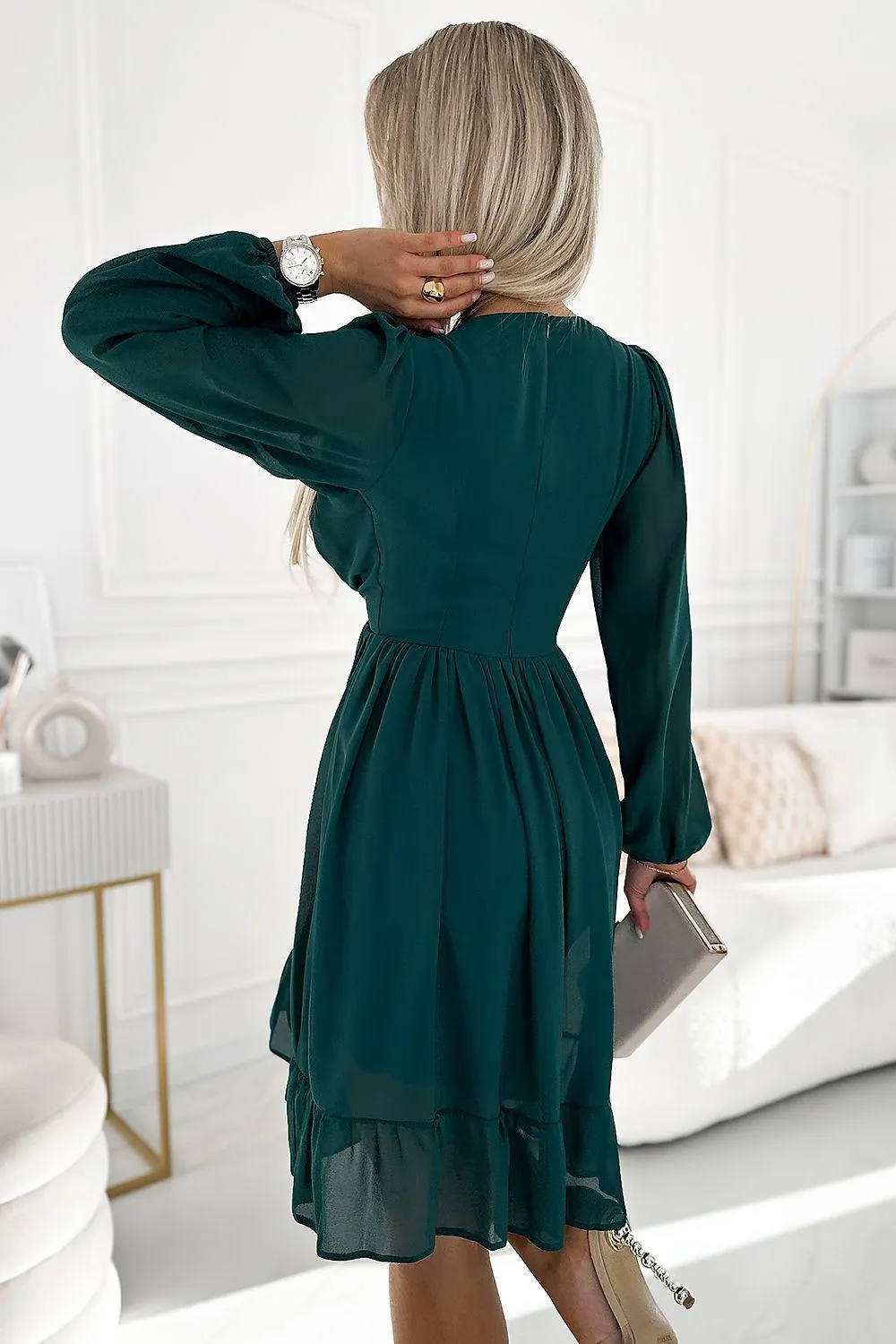 Chic Bottle Green Chiffon Midi Dress with Long Sleeves - Elegant Numoco Cocktail Fashion