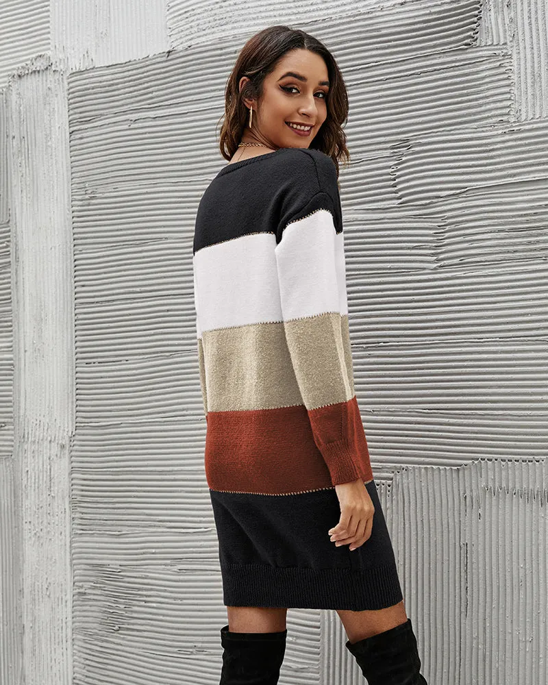 Color Block Round Neck Knitted Dress