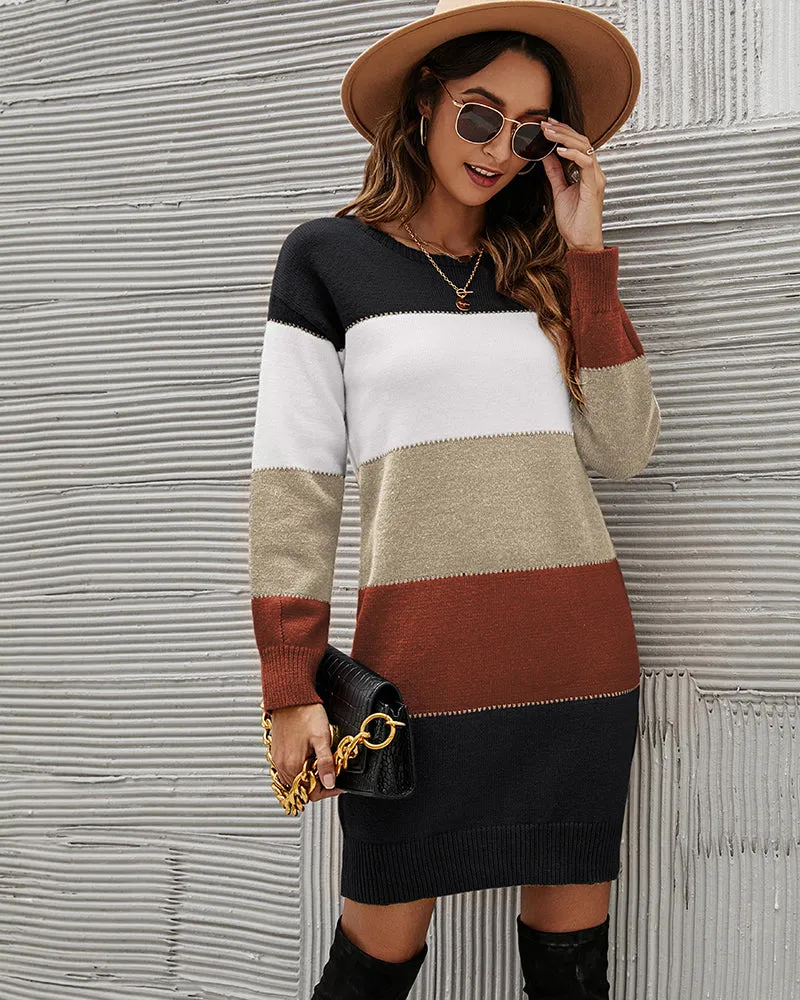 Color Block Round Neck Knitted Dress