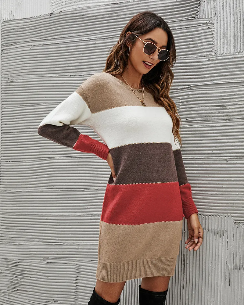 Color Block Round Neck Knitted Dress