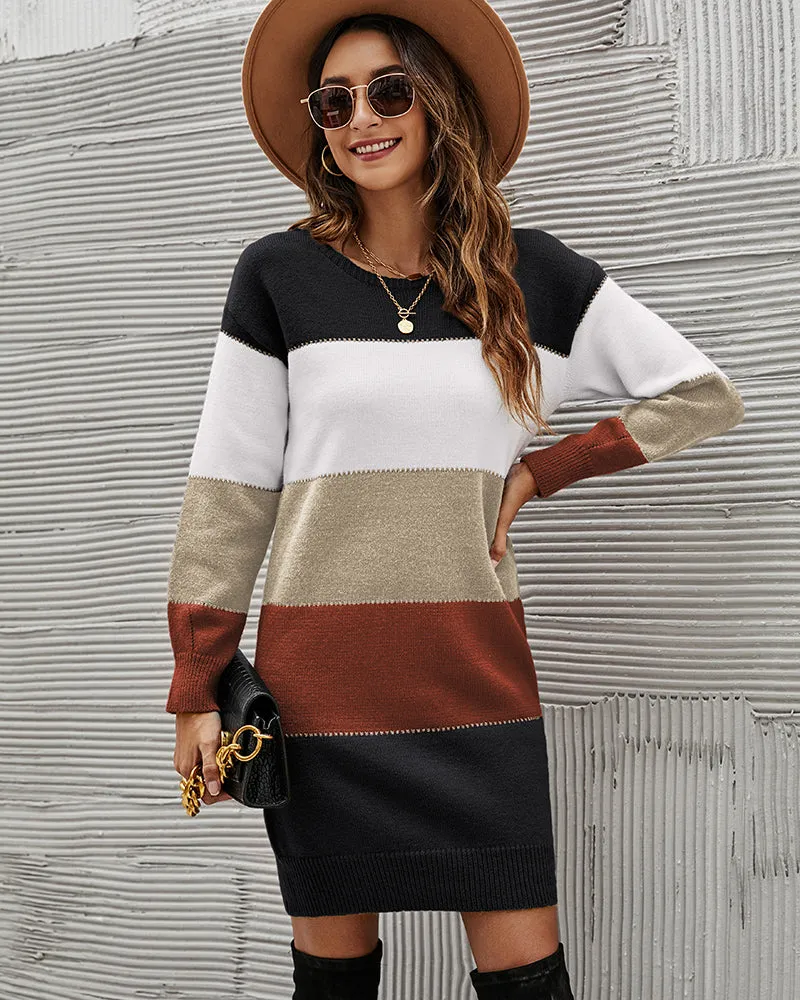 Color Block Round Neck Knitted Dress