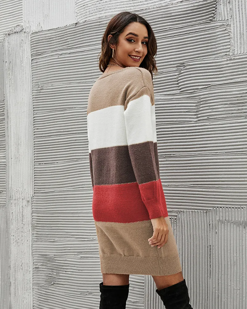 Color Block Round Neck Knitted Dress