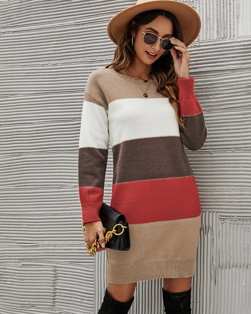 Color Block Round Neck Knitted Dress