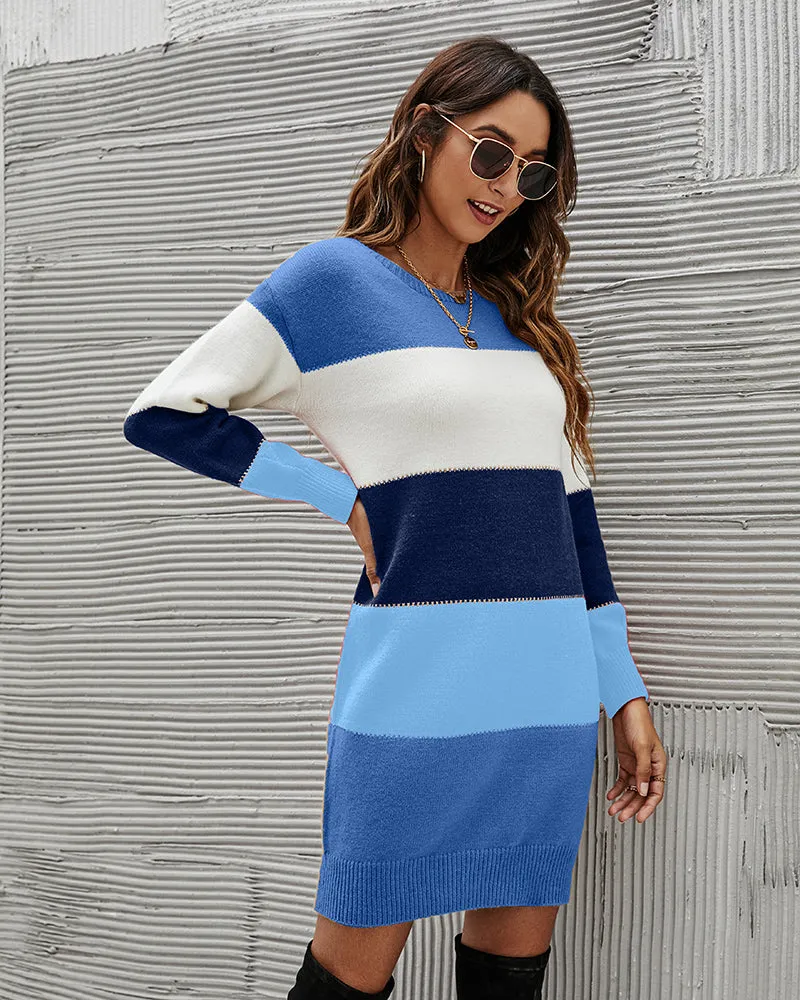 Color Block Round Neck Knitted Dress