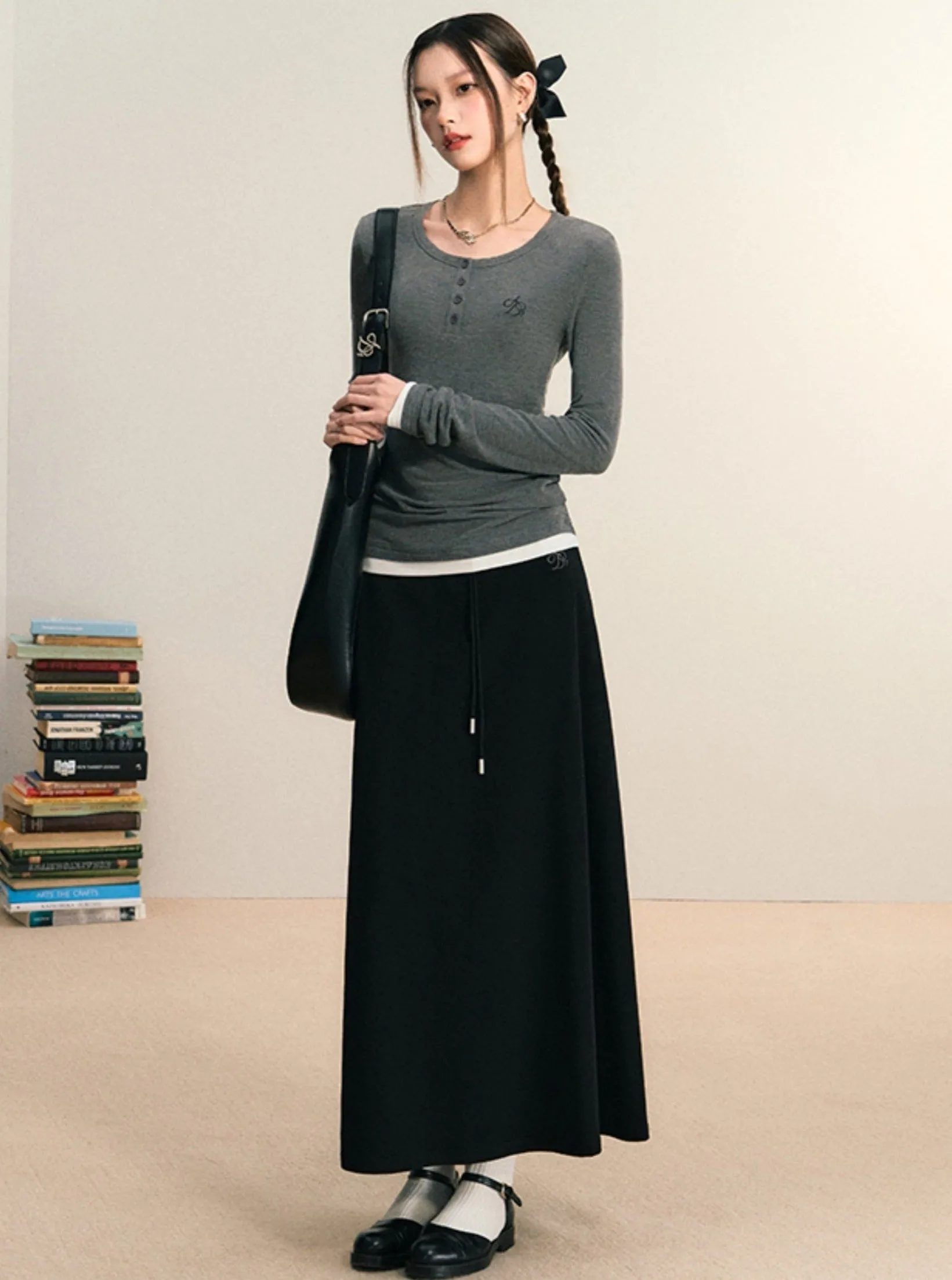 Cozy Comfort Lounge Set - Henley Thermal Top & Flowy Maxi Skirt Duo