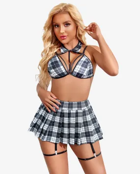 Cut Out Tops Mini Skirt with Garter Belt