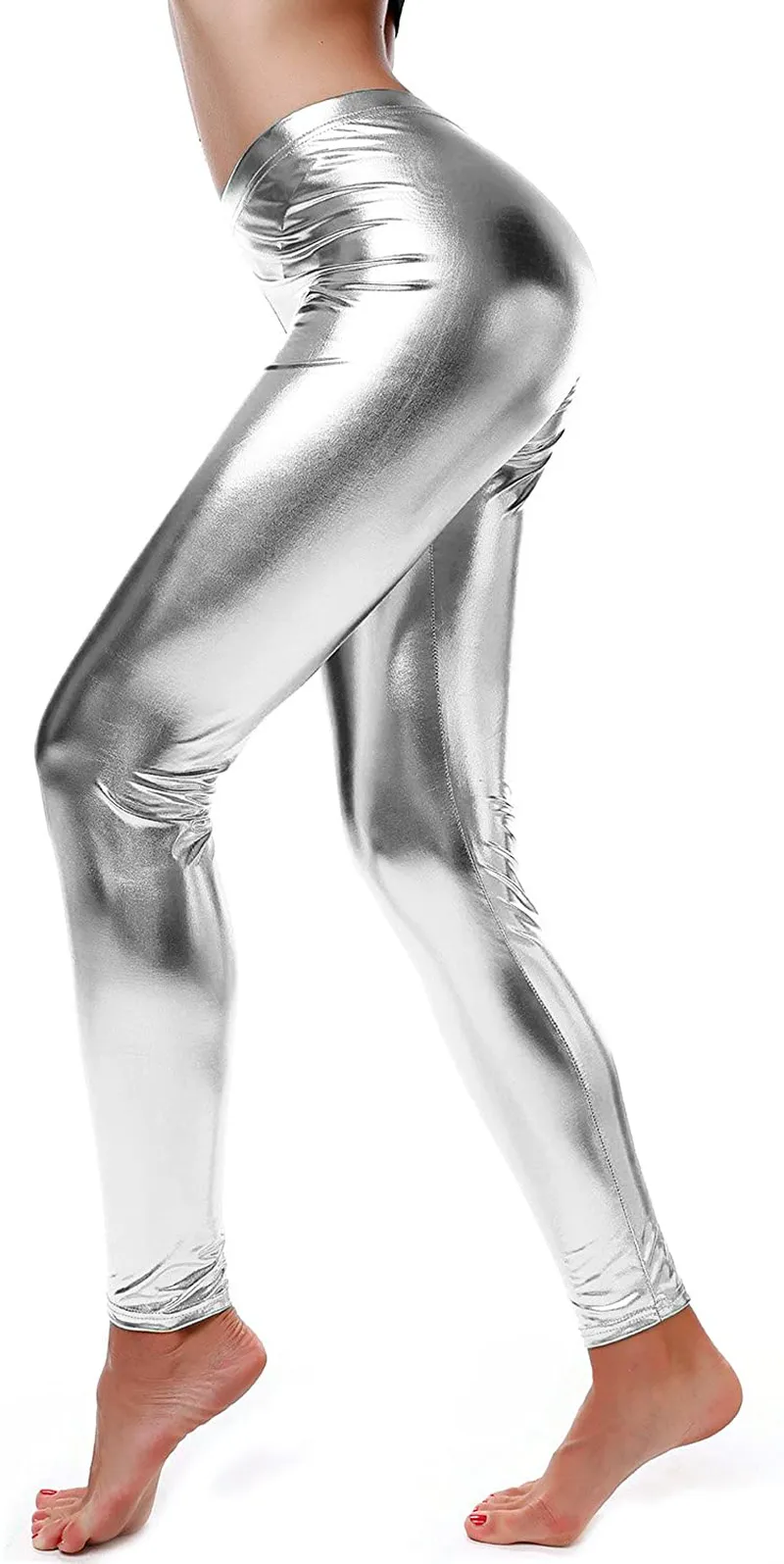 DIAMONDKIT Women Faux Leather Leggings Wet Look Metallic Waist Legging Pants Trousers