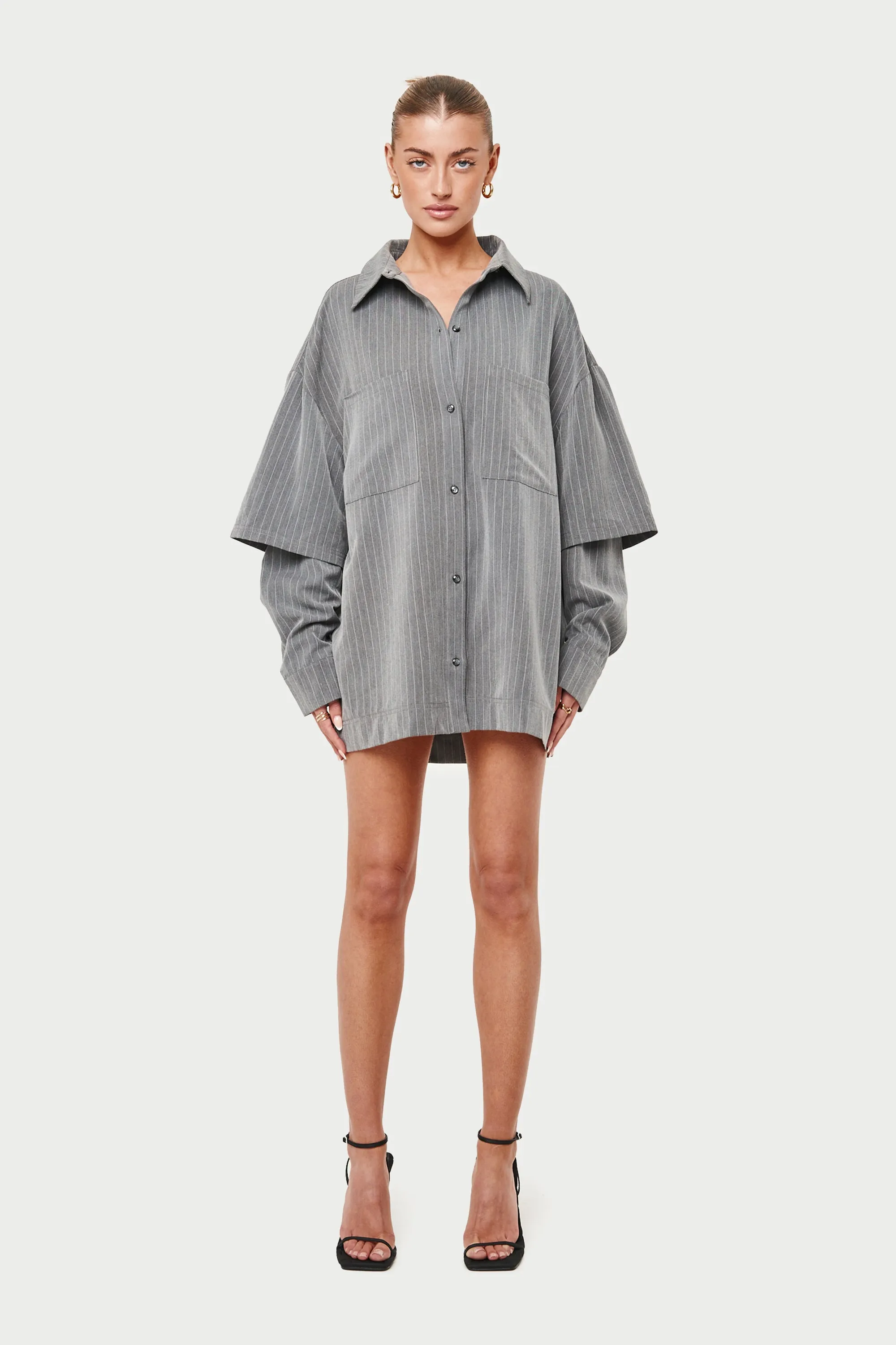 DOUBLE LAYER PINSTRIPE OVERSIZED SHIRT - GREY