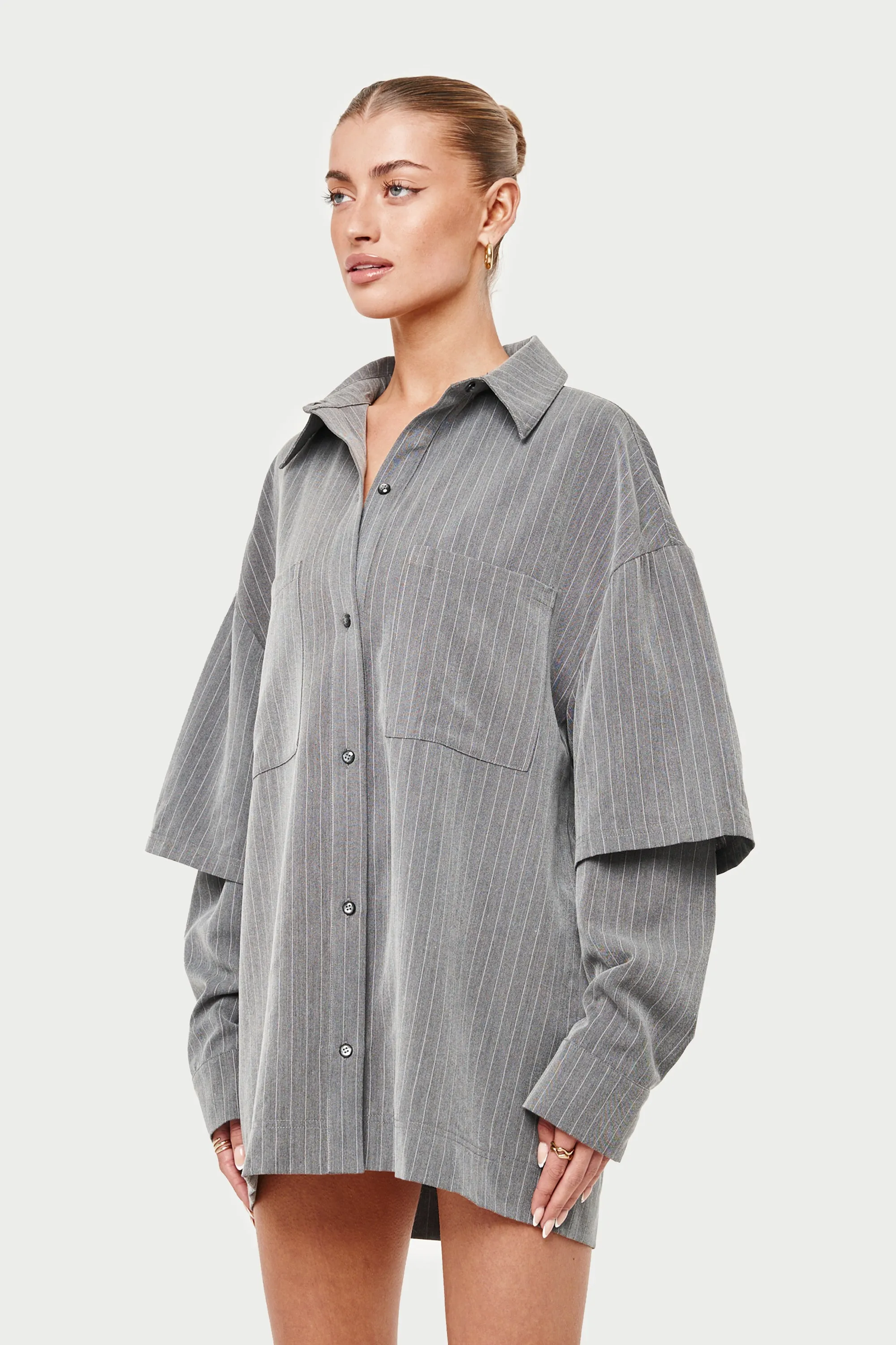 DOUBLE LAYER PINSTRIPE OVERSIZED SHIRT - GREY