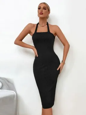 Elegant Ribbed Halter Wrap Dress