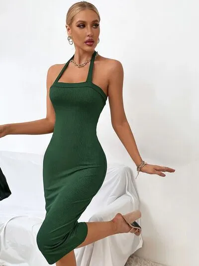 Elegant Ribbed Halter Wrap Dress