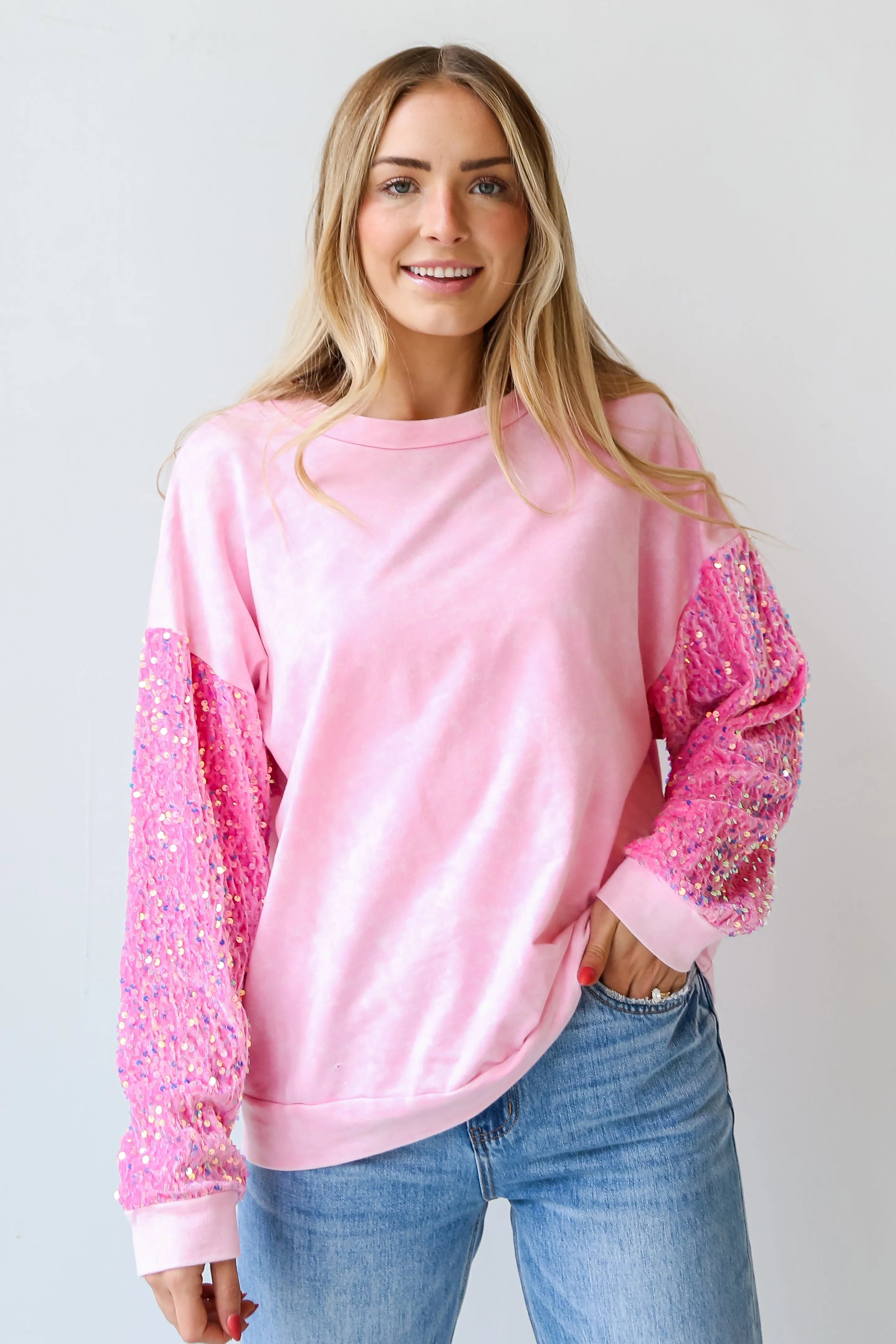 FINAL SALE - Radiant Always Pink Sequin Sleeve Pullover