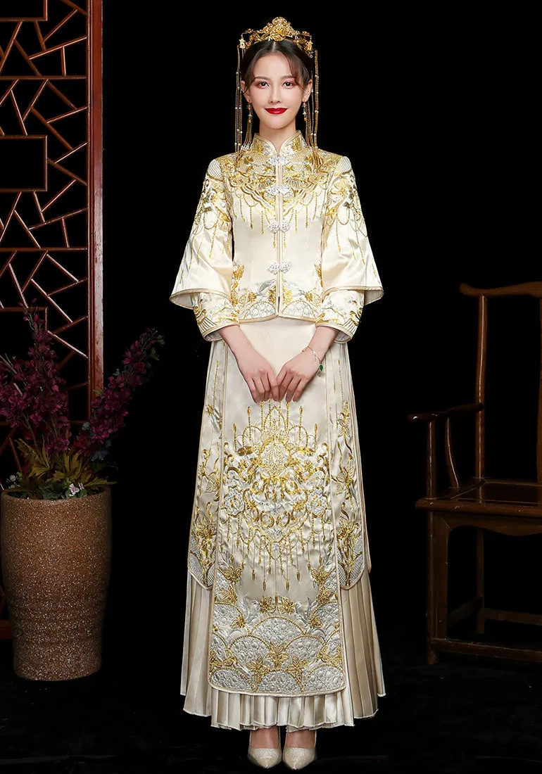 Floral Embroidery Double Sleeve Pleated Skirt Traditional Chinese Wedding Suit