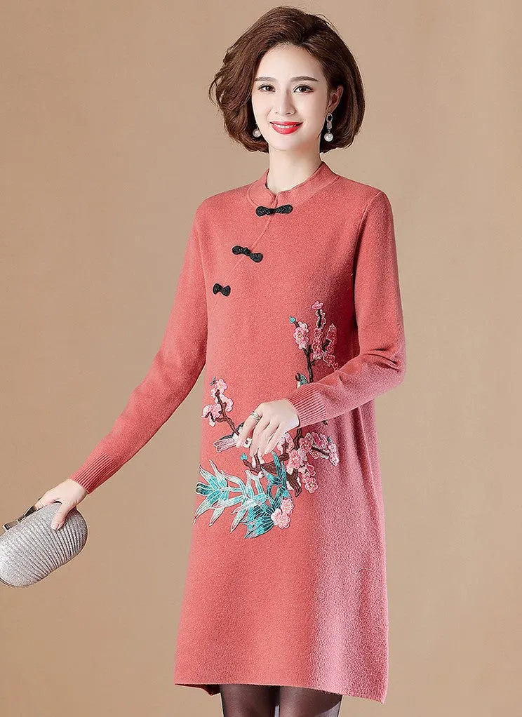 Floral Embroidery Long Sleeve Knee Length A-line Knit Dress