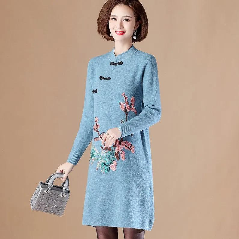 Floral Embroidery Long Sleeve Knee Length A-line Knit Dress