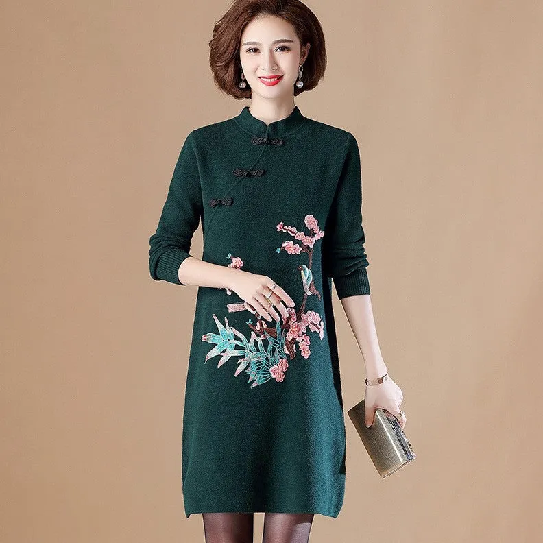 Floral Embroidery Long Sleeve Knee Length A-line Knit Dress