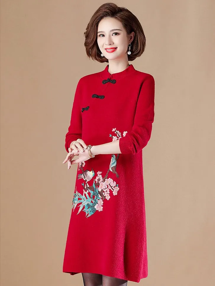 Floral Embroidery Long Sleeve Knee Length A-line Knit Dress