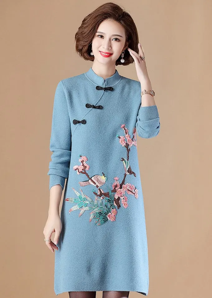 Floral Embroidery Long Sleeve Knee Length A-line Knit Dress