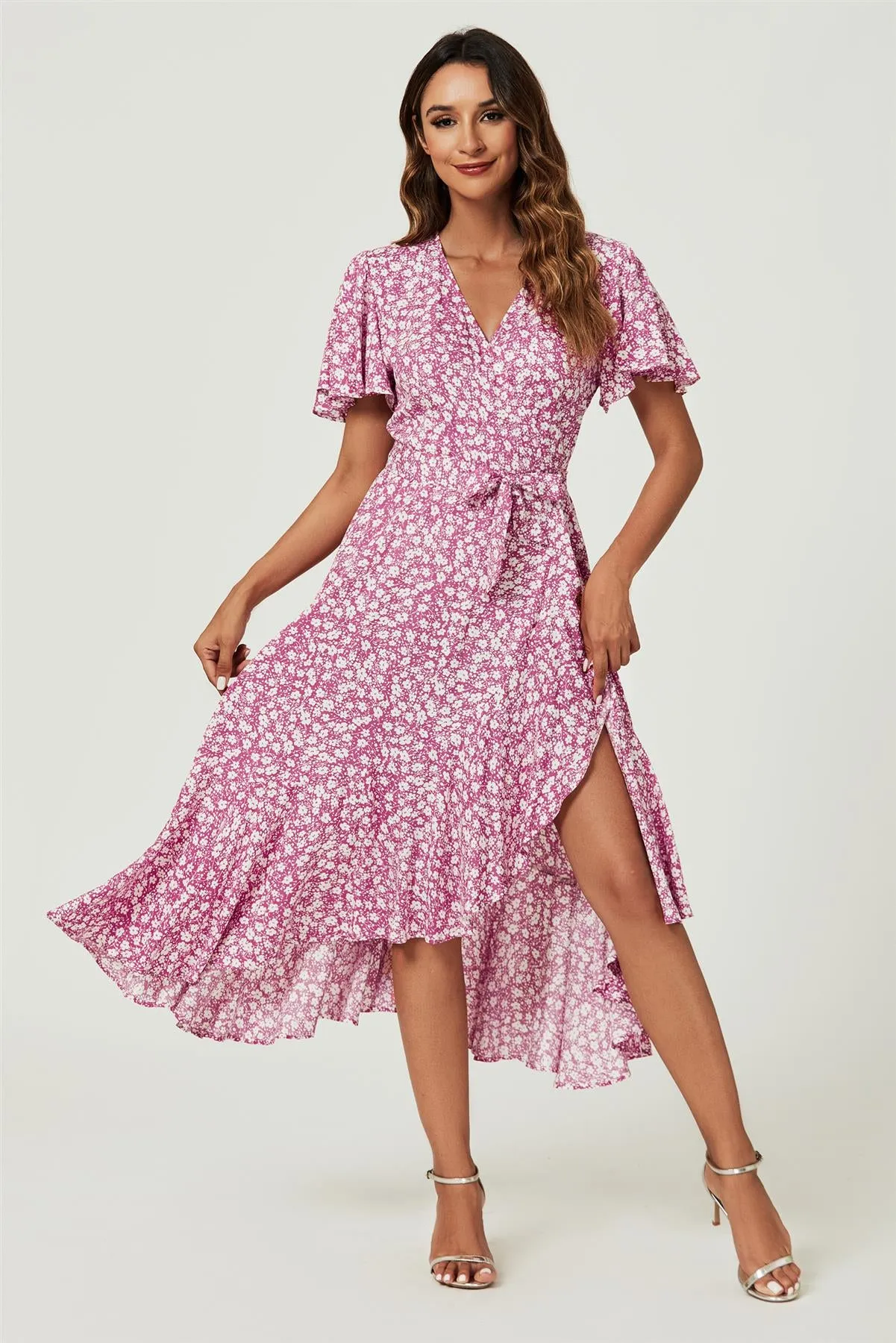 Floral Print Midi Wrap Dress In Pink