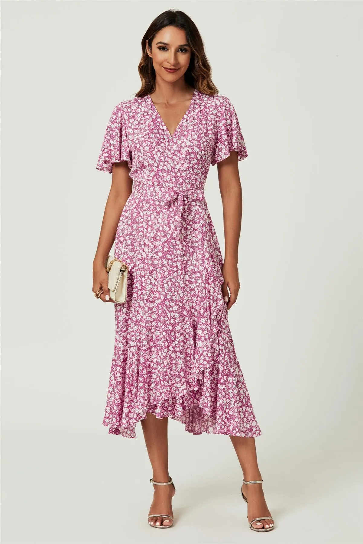 Floral Print Midi Wrap Dress In Pink