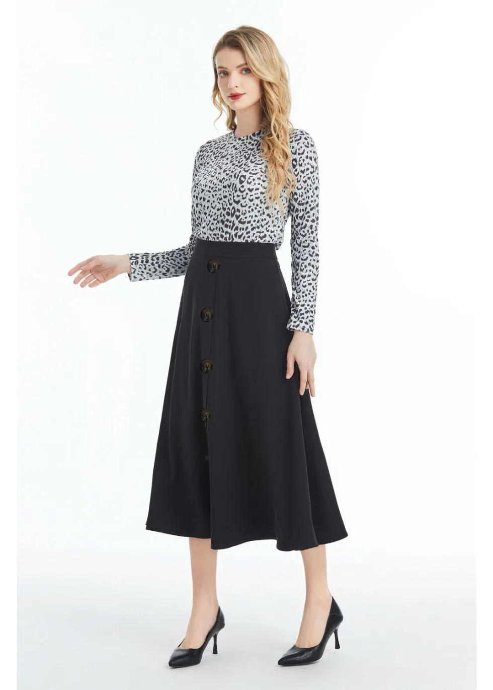 Fully Lined Black Midi Skirt with Front Button Detail